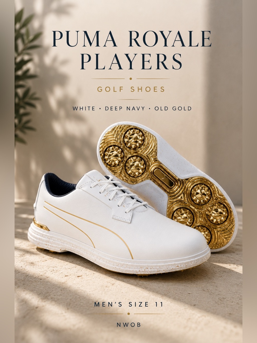 PUMA Royale Players Men’s Golf Shoes White Deep Navy Old Gold Size 11